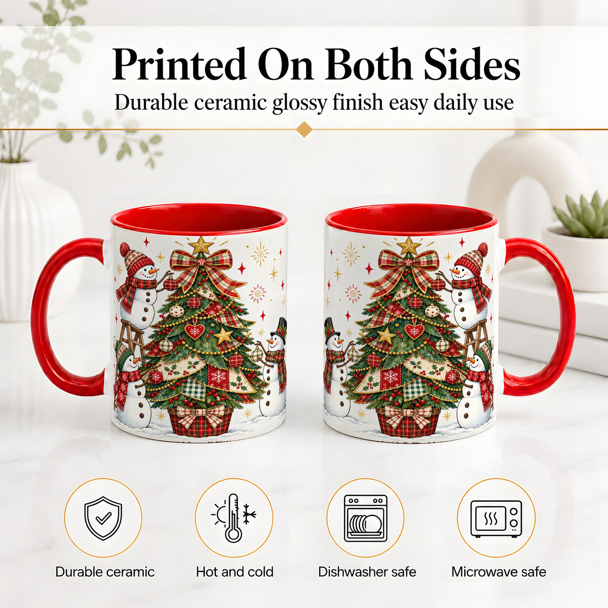 #pl[11oz|Red] Snowman Christmas Tree Ceramic Mug, Plaid Seasonal Holiday Artwork
