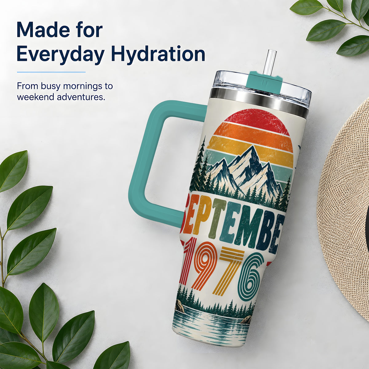 #pl[40oz|Green] September 1976 Mountain 40oz Tumbler, Vintage Outdoor Scenic Artwork