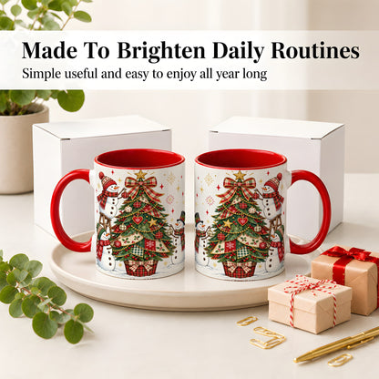 #pl[11oz|Red] Snowman Christmas Tree Ceramic Mug, Plaid Seasonal Holiday Artwork