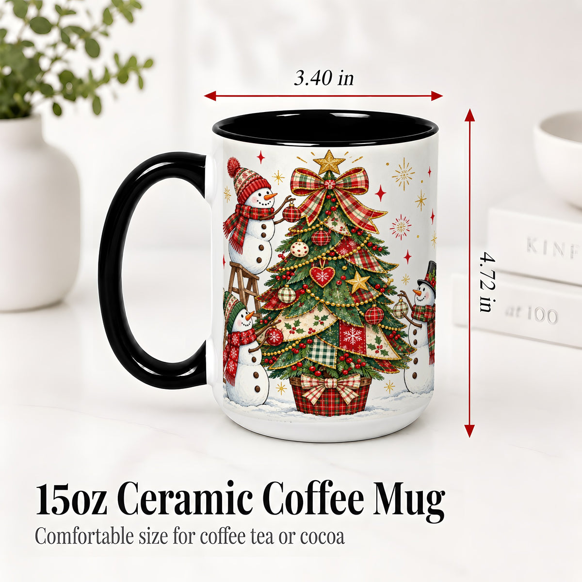 #pl[15oz|Black] Snowman Christmas Tree Ceramic Mug, Plaid Seasonal Holiday Artwork