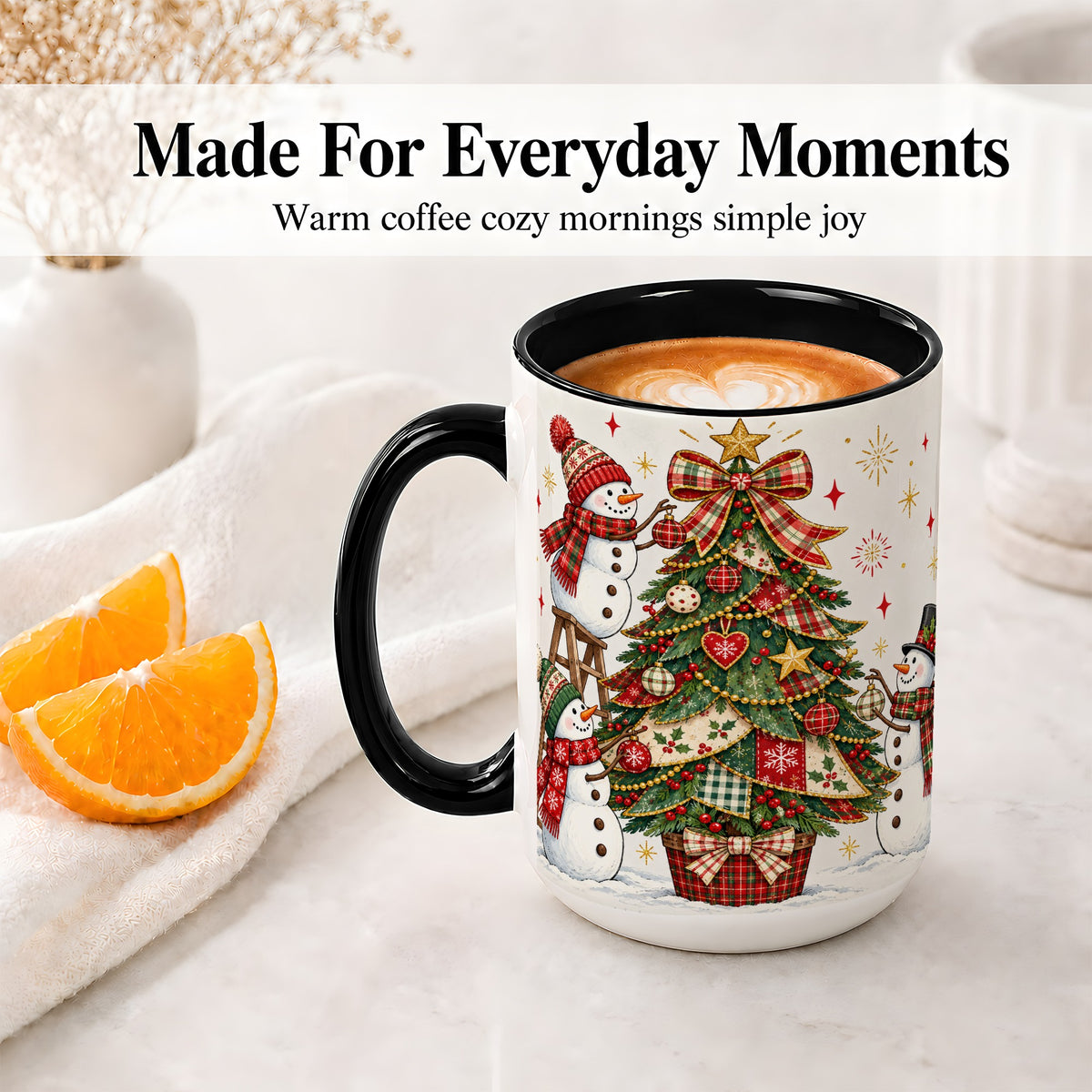 #pl[15oz|Black] Snowman Christmas Tree Ceramic Mug, Plaid Seasonal Holiday Artwork