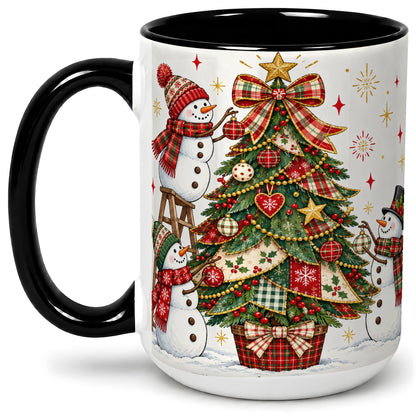 #pl[15oz|Black] Snowman Christmas Tree Ceramic Mug, Plaid Seasonal Holiday Artwork