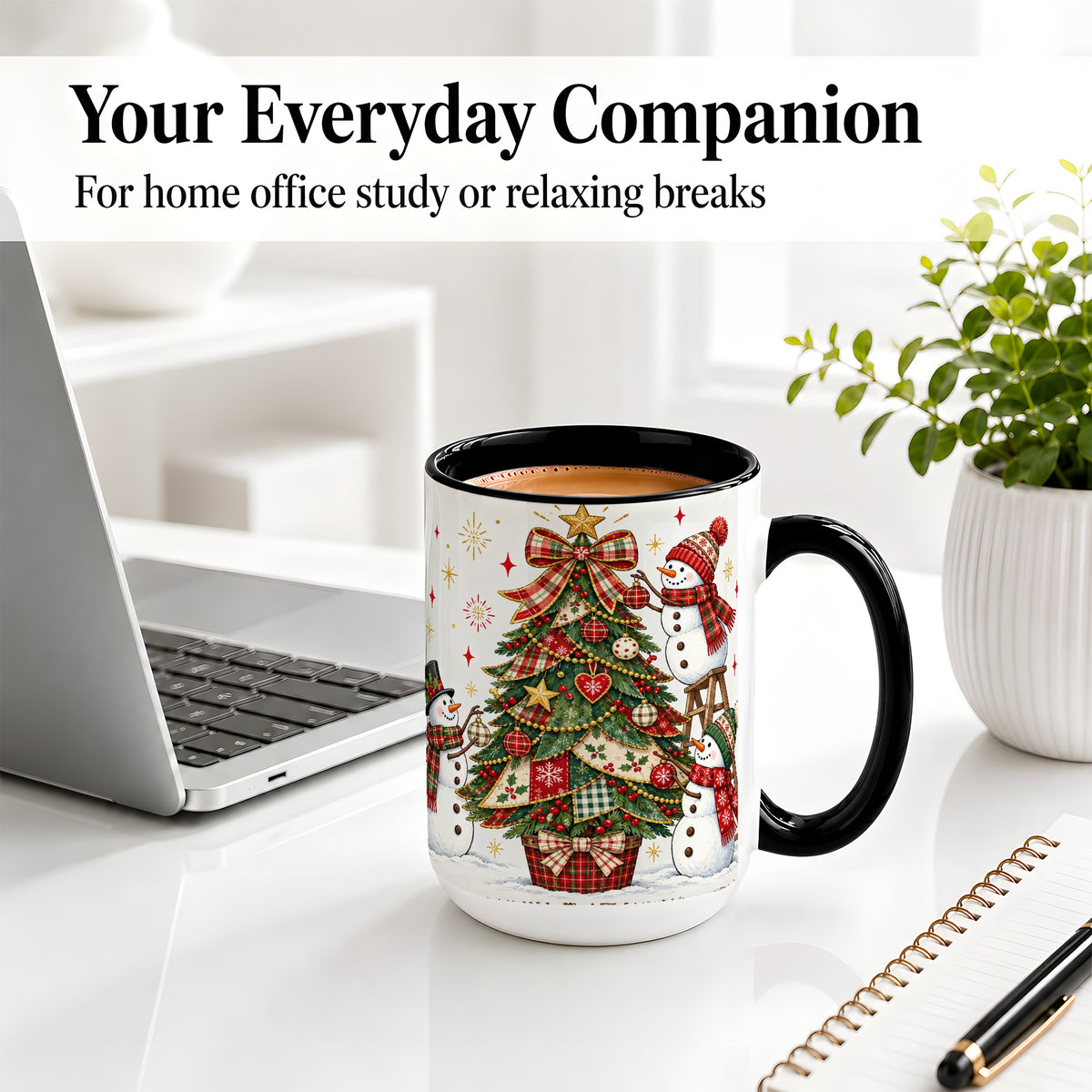 #pl[15oz|Black] Snowman Christmas Tree Ceramic Mug, Plaid Seasonal Holiday Artwork