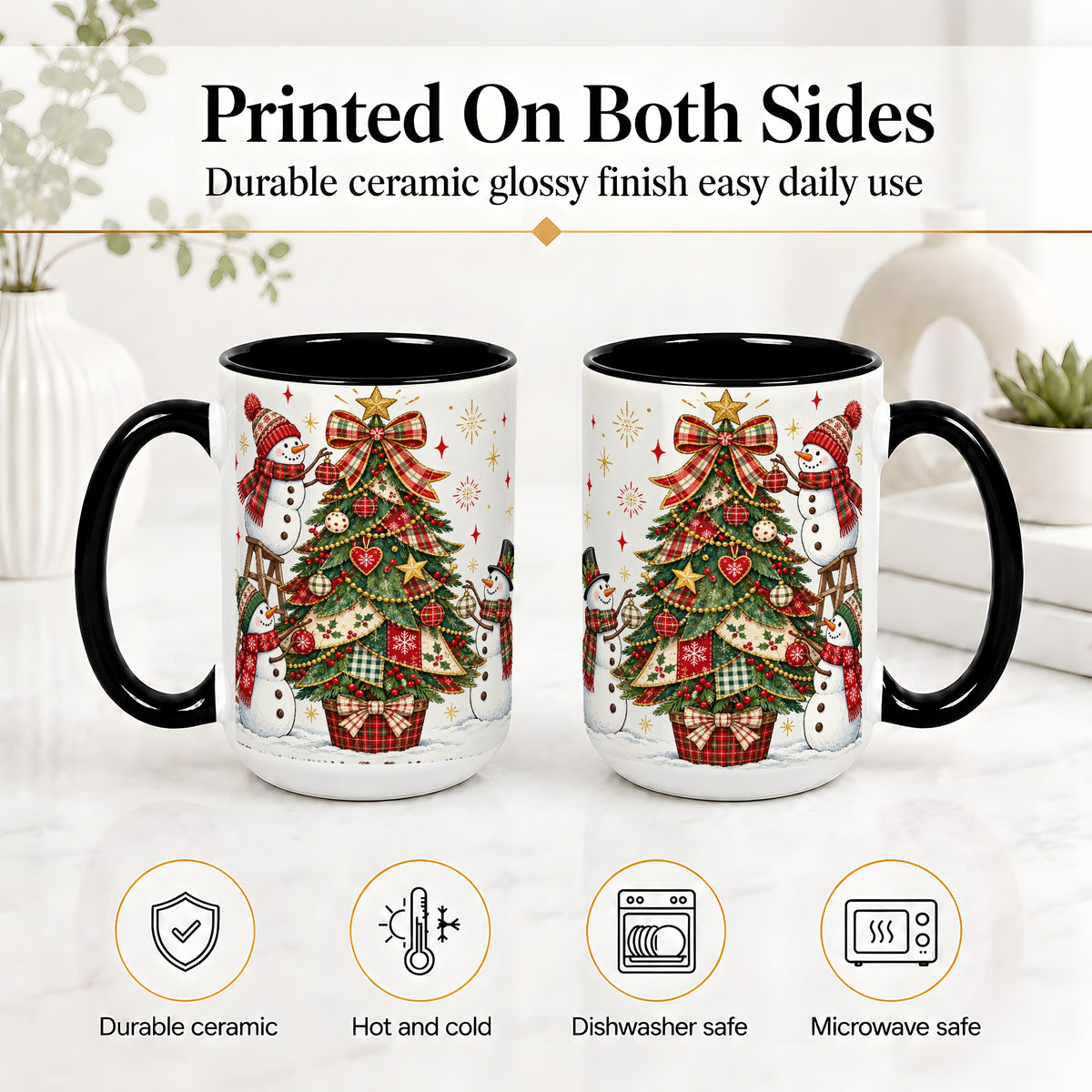 #pl[15oz|Black] Snowman Christmas Tree Ceramic Mug, Plaid Seasonal Holiday Artwork