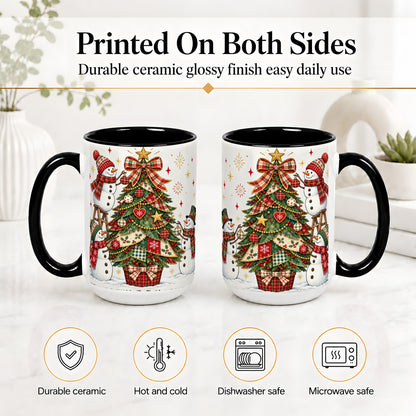 #pl[15oz|Black] Snowman Christmas Tree Ceramic Mug, Plaid Seasonal Holiday Artwork