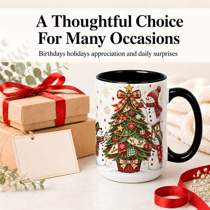 #pl[15oz|Black] Snowman Christmas Tree Ceramic Mug, Plaid Seasonal Holiday Artwork