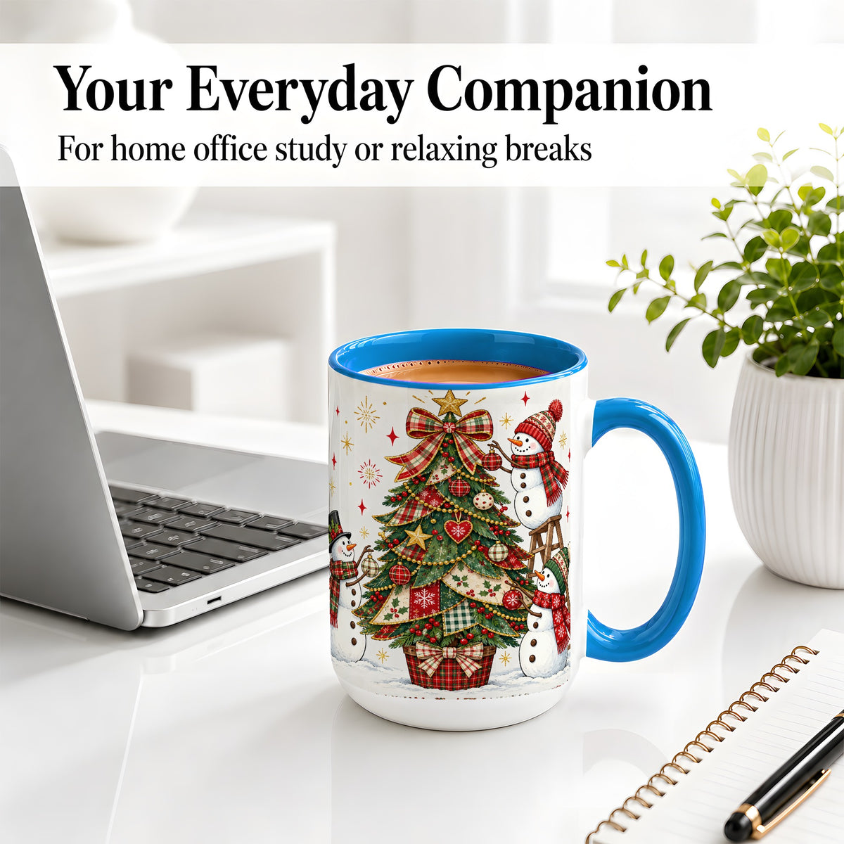 #pl[15oz|Blue] Snowman Christmas Tree Ceramic Mug, Plaid Seasonal Holiday Artwork