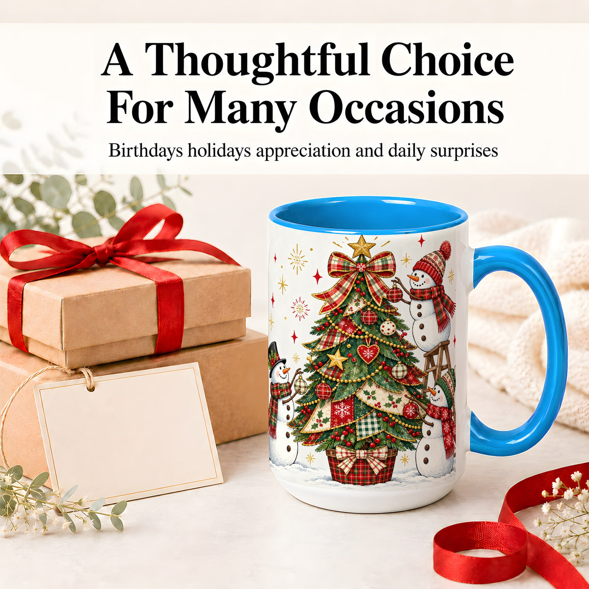 #pl[15oz|Blue] Snowman Christmas Tree Ceramic Mug, Plaid Seasonal Holiday Artwork