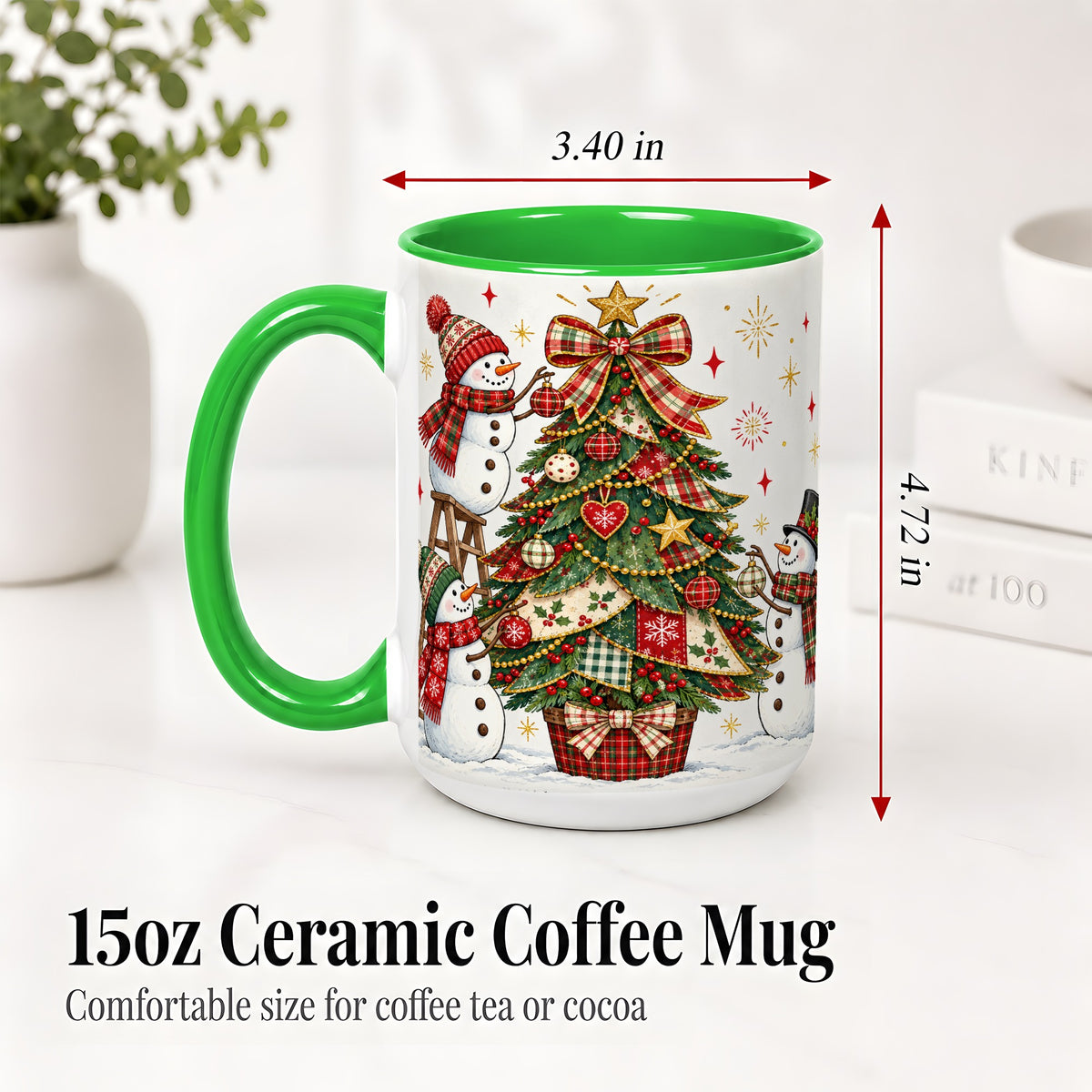 #pl[15oz|Green] Snowman Christmas Tree Ceramic Mug, Plaid Seasonal Holiday Artwork