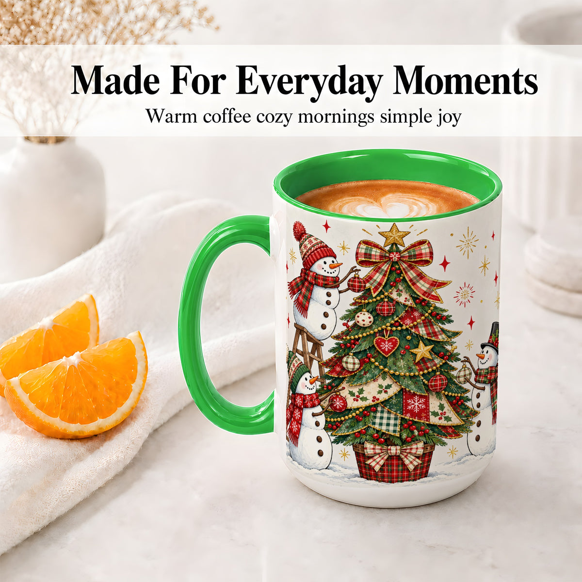 #pl[15oz|Green] Snowman Christmas Tree Ceramic Mug, Plaid Seasonal Holiday Artwork