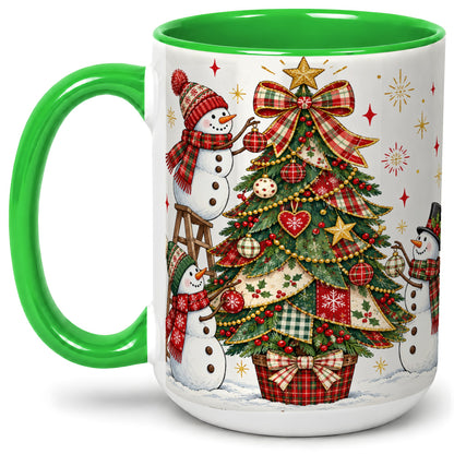 #pl[15oz|Green] Snowman Christmas Tree Ceramic Mug, Plaid Seasonal Holiday Artwork