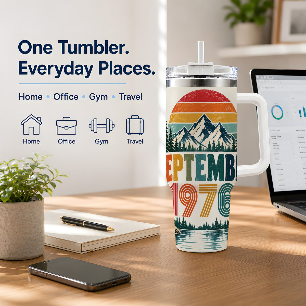 #pl[40oz|White] September 1976 Mountain 40oz Tumbler, Vintage Outdoor Scenic Artwork
