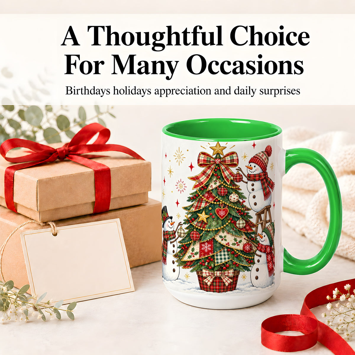#pl[15oz|Green] Snowman Christmas Tree Ceramic Mug, Plaid Seasonal Holiday Artwork