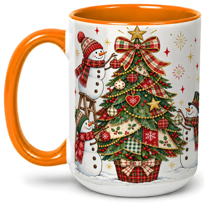 #pl[15oz|Orange] Snowman Christmas Tree Ceramic Mug, Plaid Seasonal Holiday Artwork
