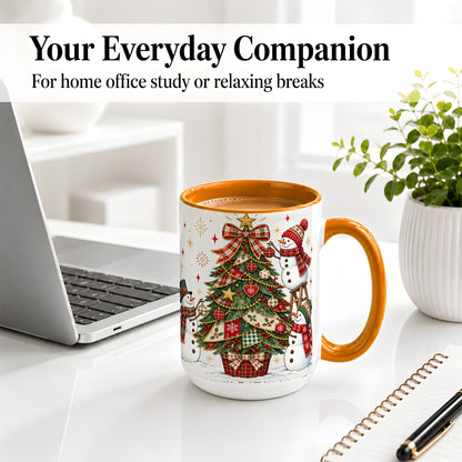 #pl[15oz|Orange] Snowman Christmas Tree Ceramic Mug, Plaid Seasonal Holiday Artwork
