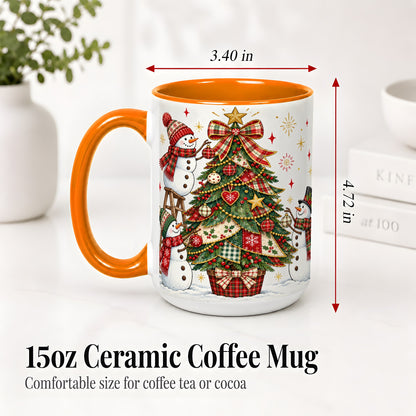 #pl[15oz|Orange] Snowman Christmas Tree Ceramic Mug, Plaid Seasonal Holiday Artwork