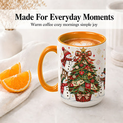 #pl[15oz|Orange] Snowman Christmas Tree Ceramic Mug, Plaid Seasonal Holiday Artwork