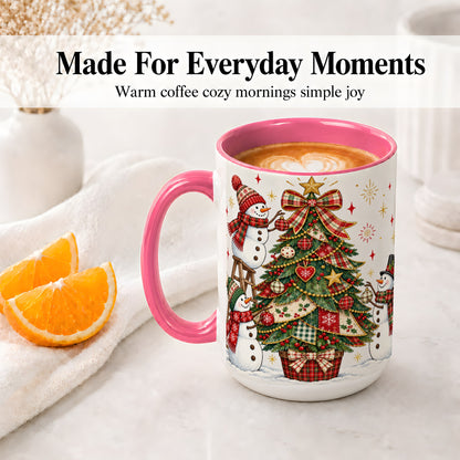 #pl[15oz|Pink] Snowman Christmas Tree Ceramic Mug, Plaid Seasonal Holiday Artwork