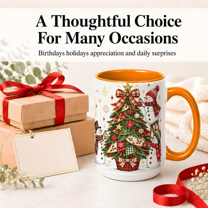 #pl[15oz|Orange] Snowman Christmas Tree Ceramic Mug, Plaid Seasonal Holiday Artwork