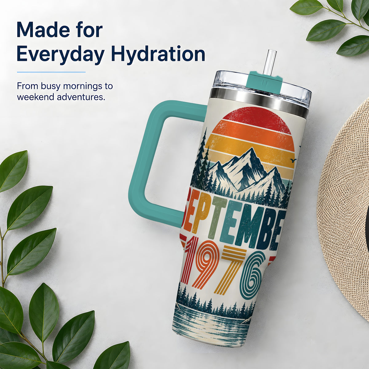 #pl[40oz|Green] September 1976 Retro 40oz Tumbler, Mountain Forest Lake Scenic Art