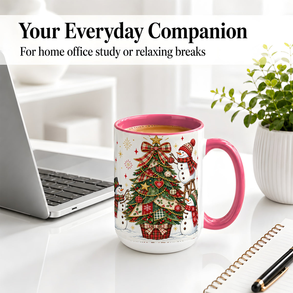 #pl[15oz|Pink] Snowman Christmas Tree Ceramic Mug, Plaid Seasonal Holiday Artwork