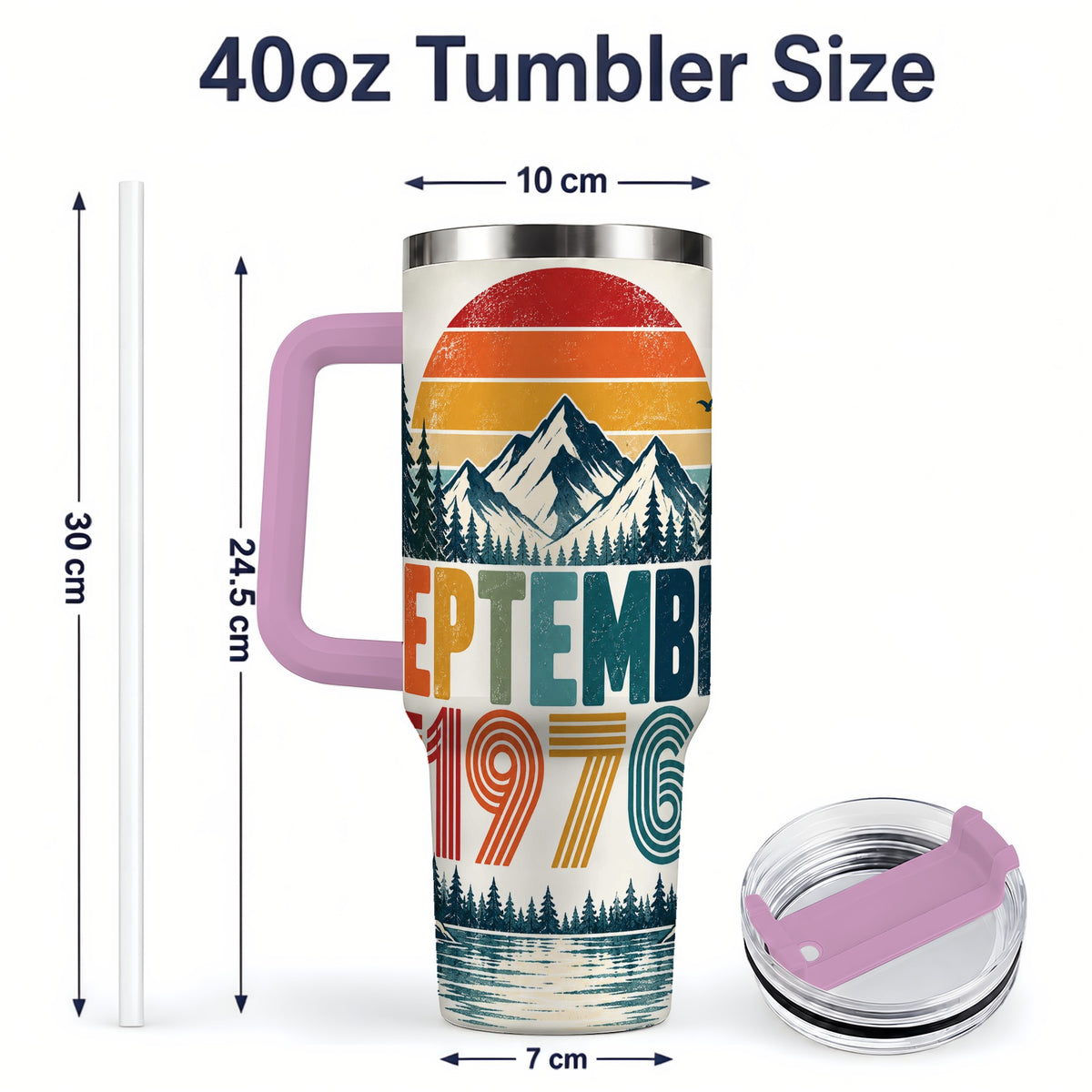 #pl[40oz|Pink] September 1976 Retro 40oz Tumbler, Mountain Forest Lake Scenic Art