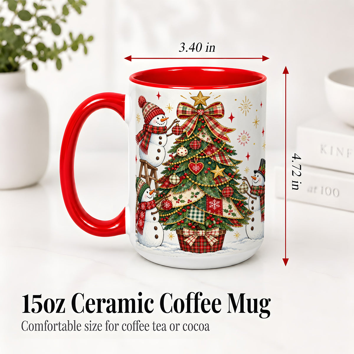 #pl[15oz|Red] Snowman Christmas Tree Ceramic Mug, Plaid Seasonal Holiday Artwork