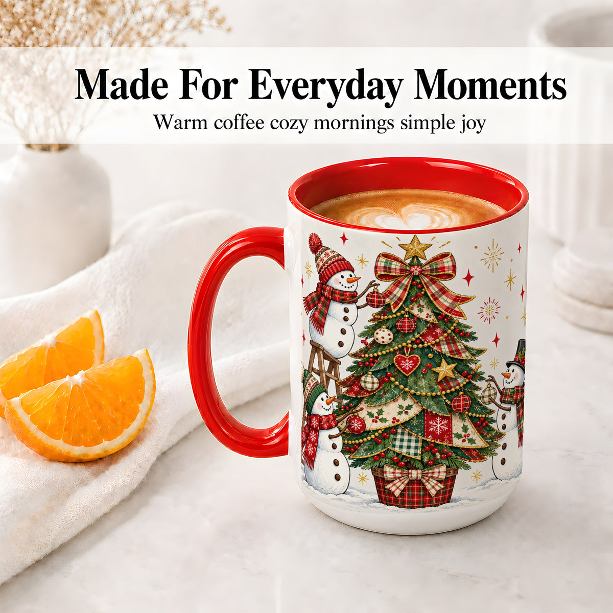 #pl[15oz|Red] Snowman Christmas Tree Ceramic Mug, Plaid Seasonal Holiday Artwork