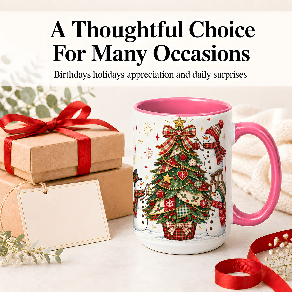 #pl[15oz|Pink] Snowman Christmas Tree Ceramic Mug, Plaid Seasonal Holiday Artwork