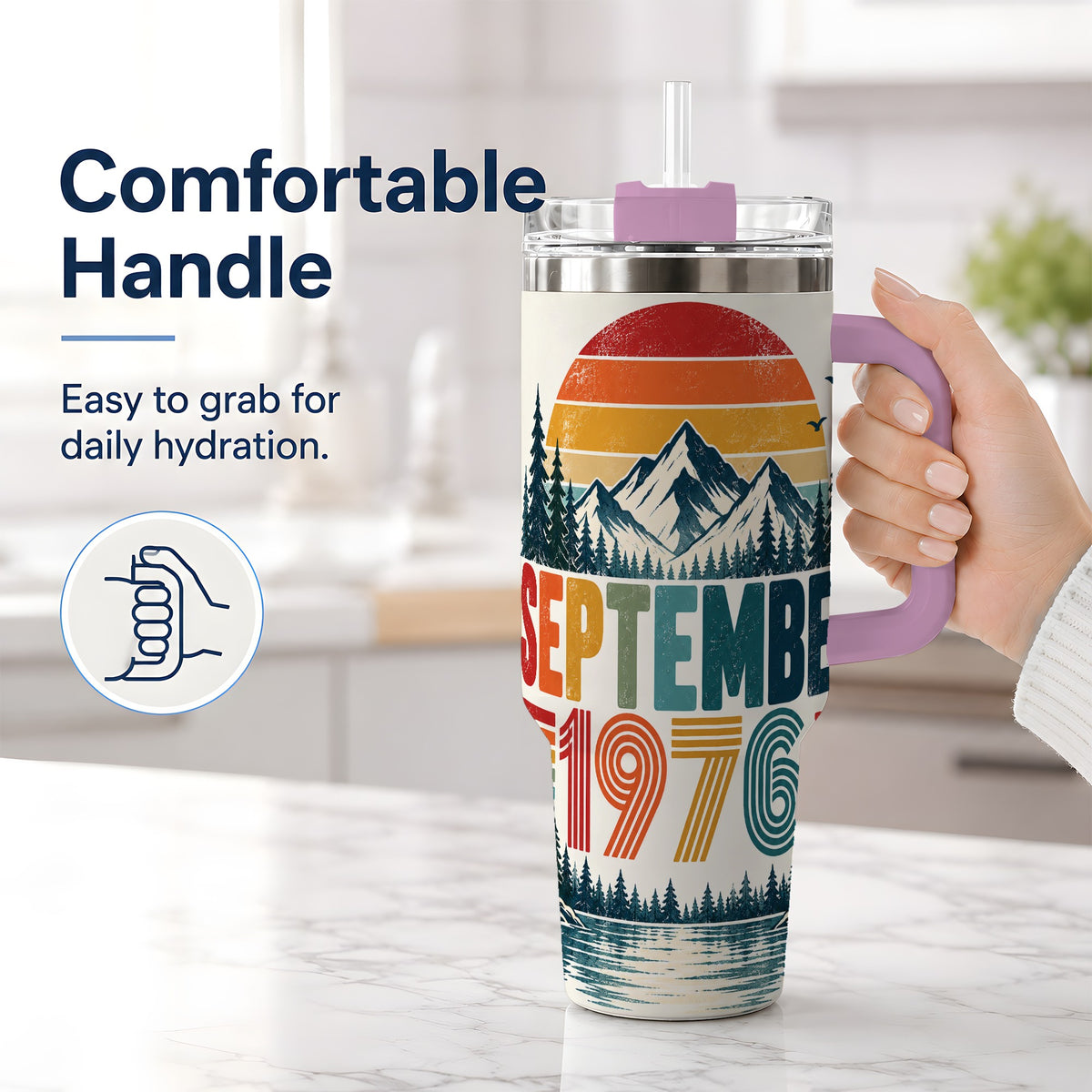 #pl[40oz|Pink] September 1976 Retro 40oz Tumbler, Mountain Forest Lake Scenic Art