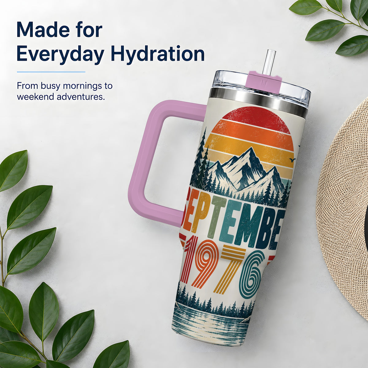 #pl[40oz|Pink] September 1976 Retro 40oz Tumbler, Mountain Forest Lake Scenic Art