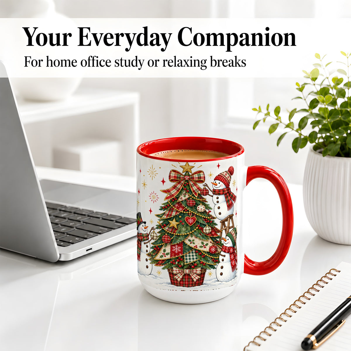 #pl[15oz|Red] Snowman Christmas Tree Ceramic Mug, Plaid Seasonal Holiday Artwork