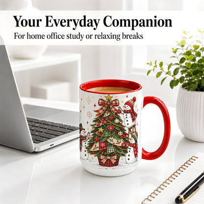 #pl[15oz|Red] Snowman Christmas Tree Ceramic Mug, Plaid Seasonal Holiday Artwork