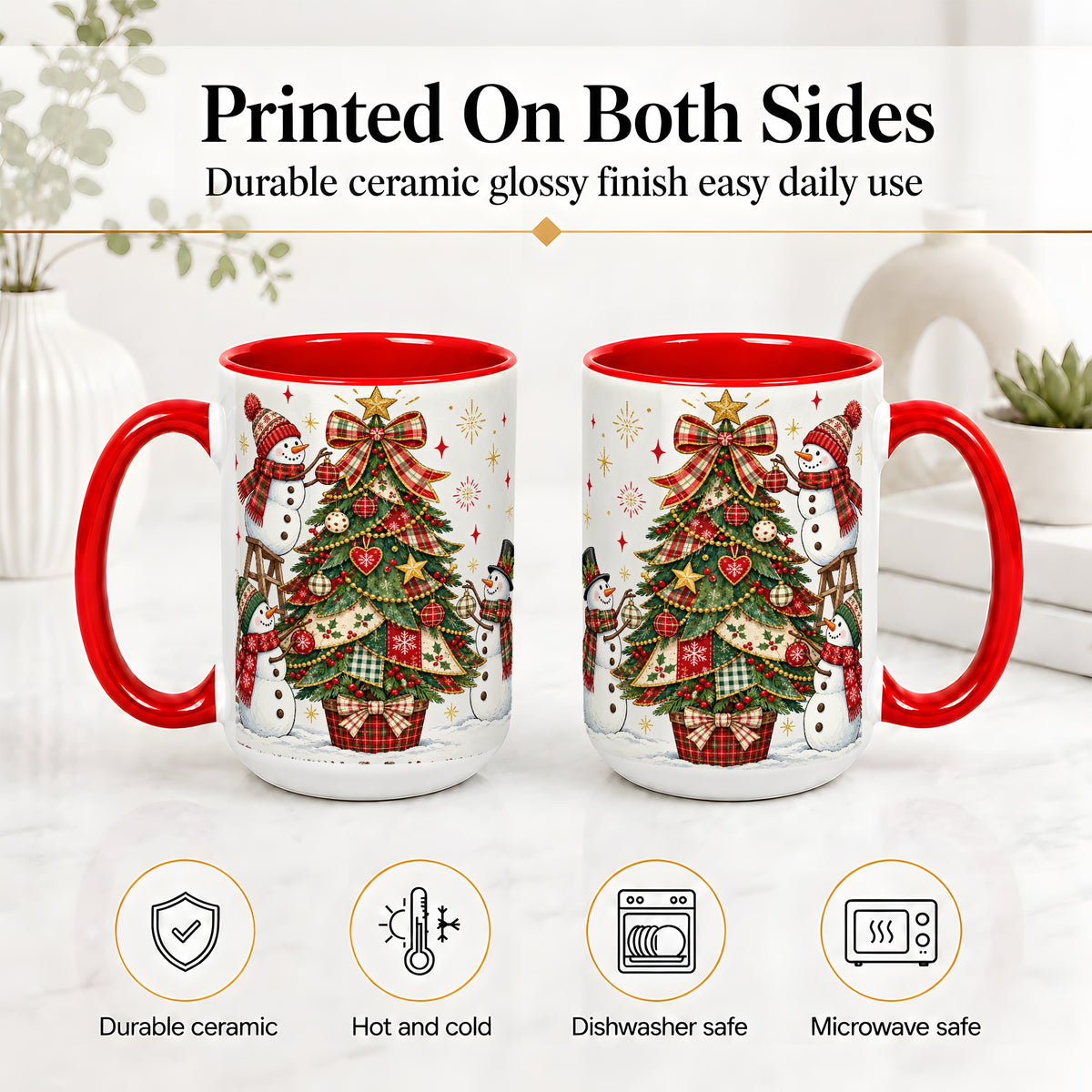 #pl[15oz|Red] Snowman Christmas Tree Ceramic Mug, Plaid Seasonal Holiday Artwork