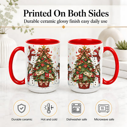 #pl[15oz|Red] Snowman Christmas Tree Ceramic Mug, Plaid Seasonal Holiday Artwork