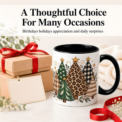 #pl[11oz|Black] Patterned Christmas Trees Ceramic Mug, Rustic Holiday Artwork