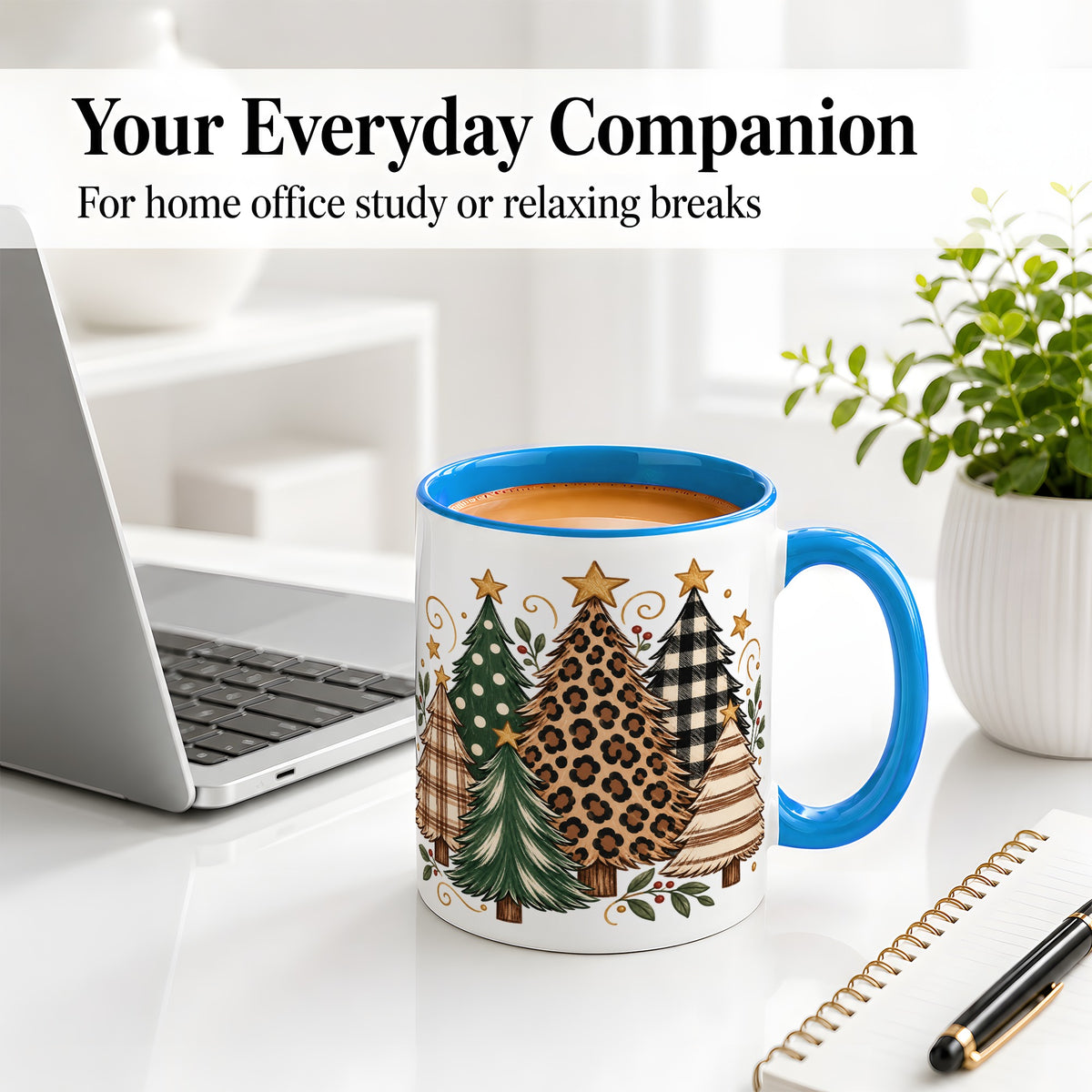 #pl[11oz|Blue] Patterned Christmas Trees Ceramic Mug, Rustic Holiday Artwork
