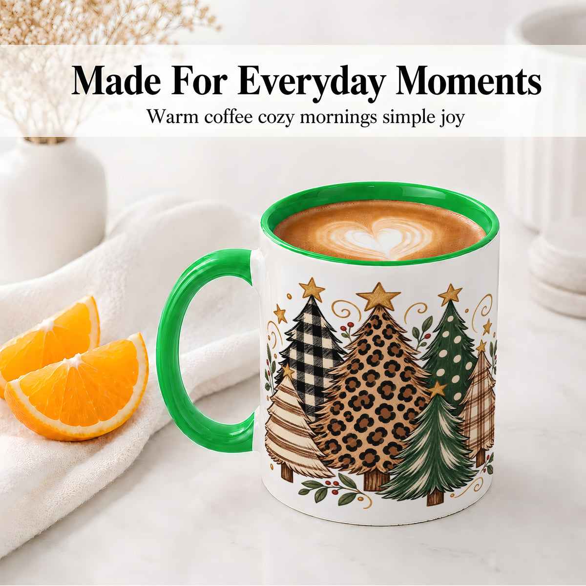 #pl[11oz|Green] Patterned Christmas Trees Ceramic Mug, Rustic Holiday Artwork