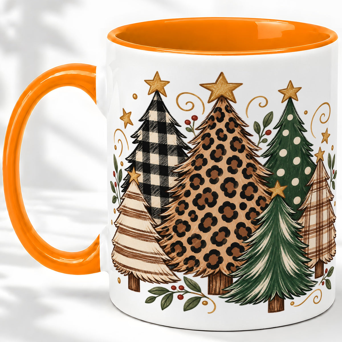 #pl[11oz|Orange] Patterned Christmas Trees Ceramic Mug, Rustic Holiday Artwork