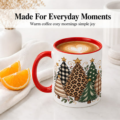 #pl[11oz|Red] Patterned Christmas Trees Ceramic Mug, Rustic Holiday Artwork