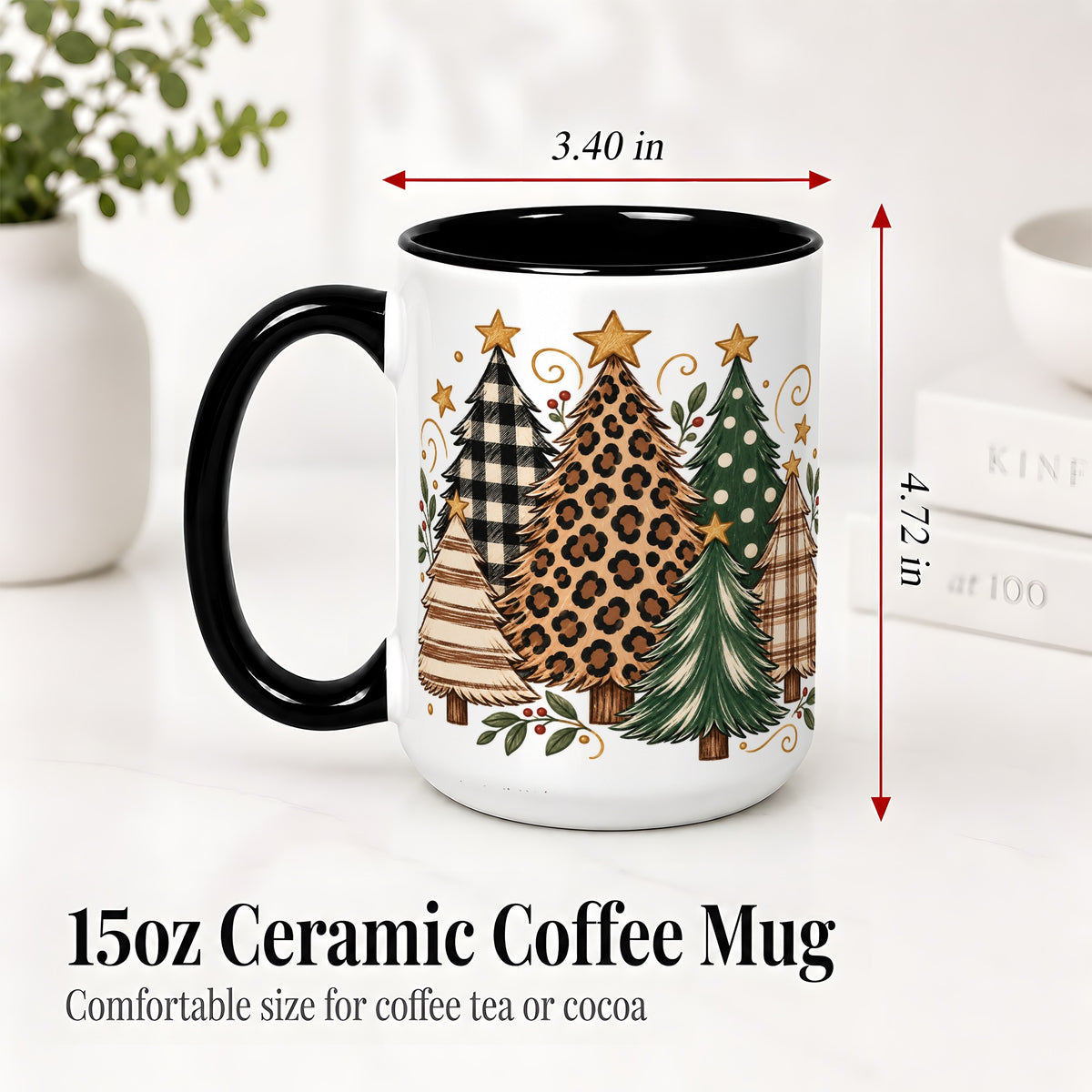 #pl[15oz|Black] Patterned Christmas Trees Ceramic Mug, Rustic Holiday Artwork