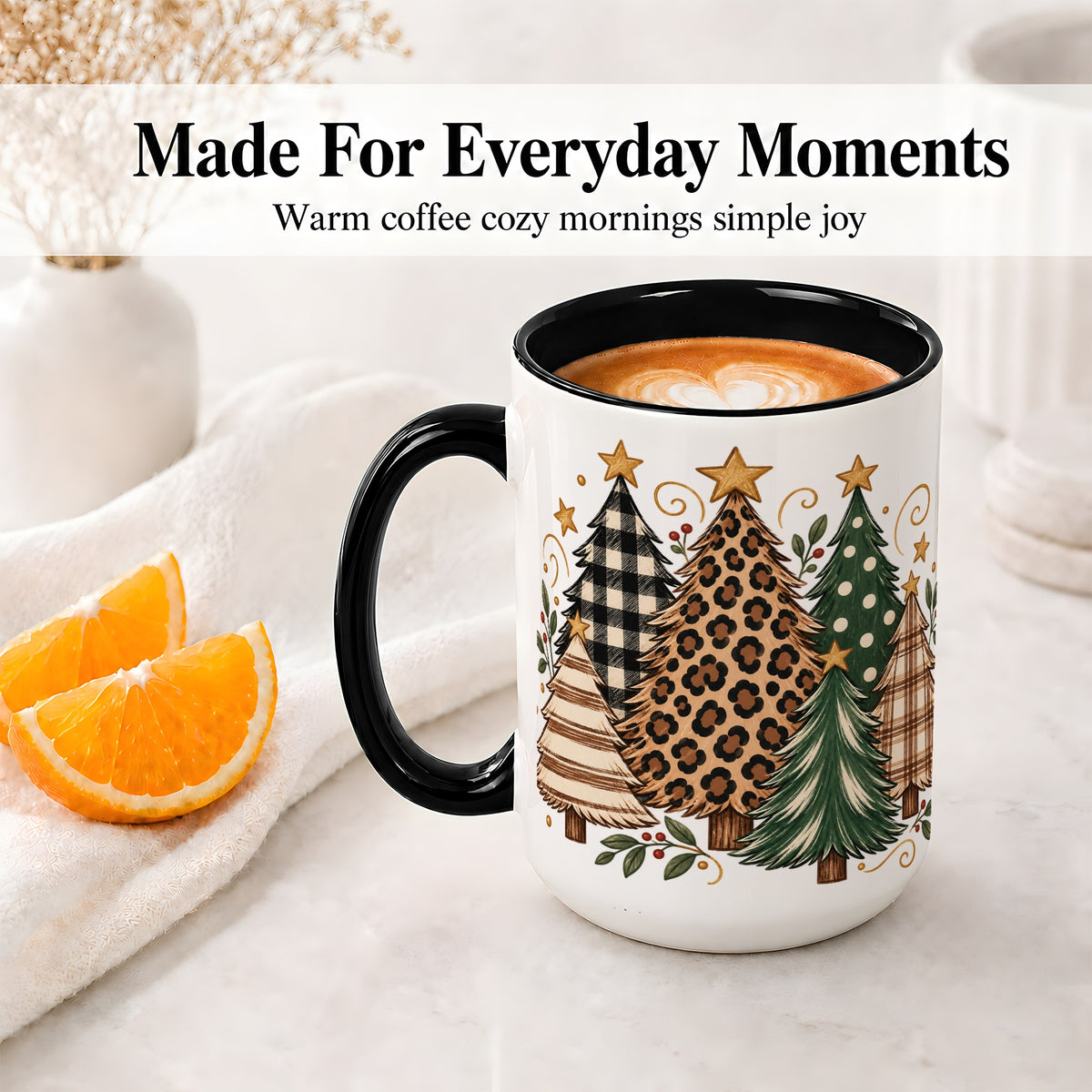 #pl[15oz|Black] Patterned Christmas Trees Ceramic Mug, Rustic Holiday Artwork