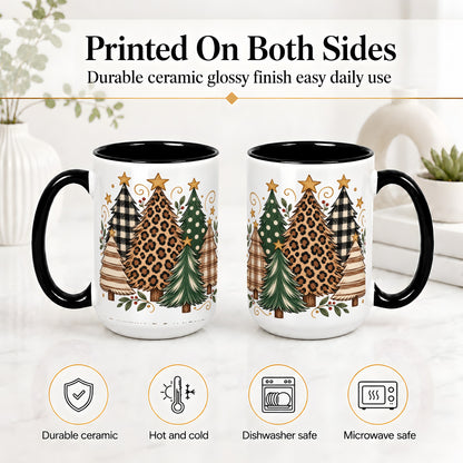 #pl[15oz|Black] Patterned Christmas Trees Ceramic Mug, Rustic Holiday Artwork