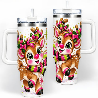 Festive Reindeer 40oz Tumbler, Colorful Christmas Character Design
