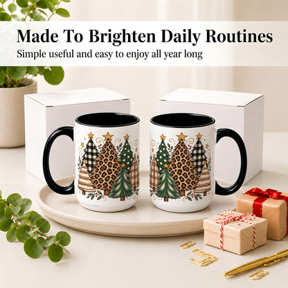 #pl[15oz|Black] Patterned Christmas Trees Ceramic Mug, Rustic Holiday Artwork