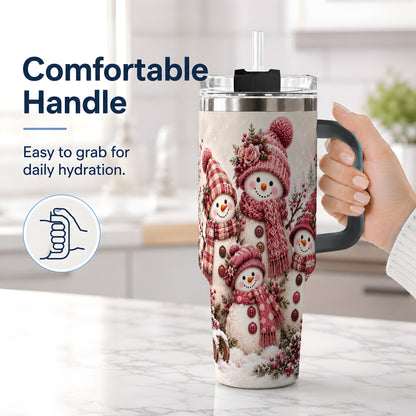 #pl[40oz|Black] Pink Snowman Family 40oz Tumbler, Cozy Christmas Winter Scene Design
