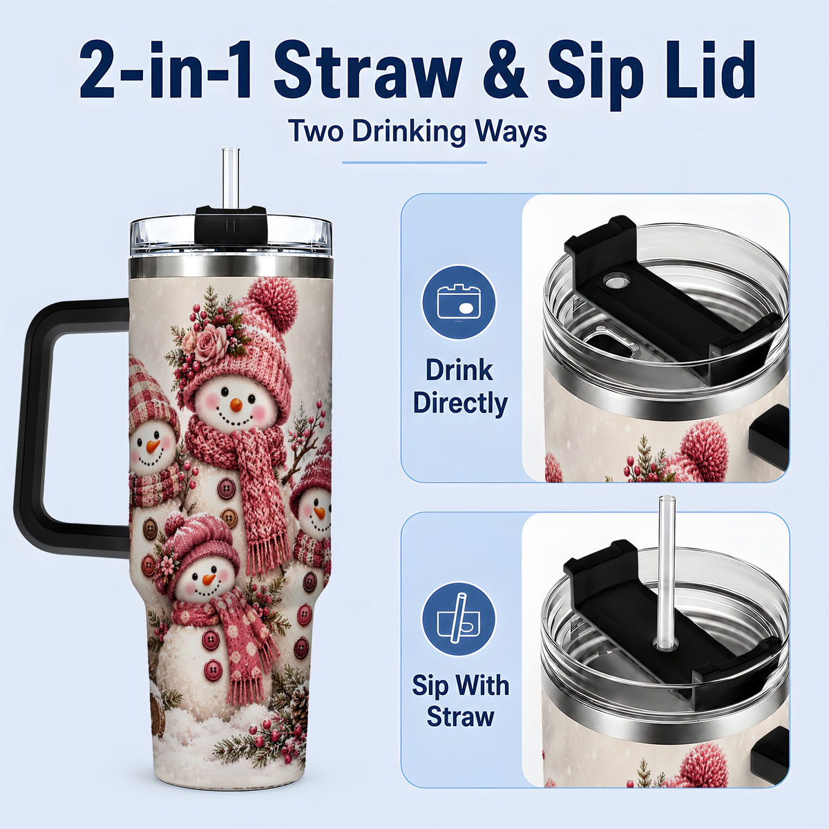 #pl[40oz|Black] Pink Snowman Family 40oz Tumbler, Cozy Christmas Winter Scene Design