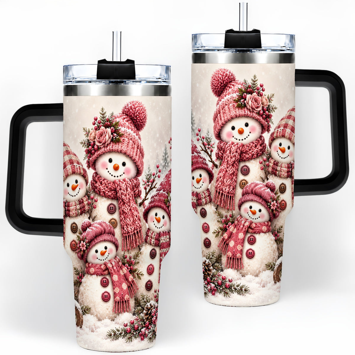 #pl[40oz|Black] Pink Snowman Family 40oz Tumbler, Cozy Christmas Winter Scene Design