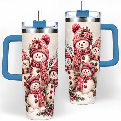 #pl[40oz|Blue] Pink Snowman Family 40oz Tumbler, Cozy Christmas Winter Scene Design