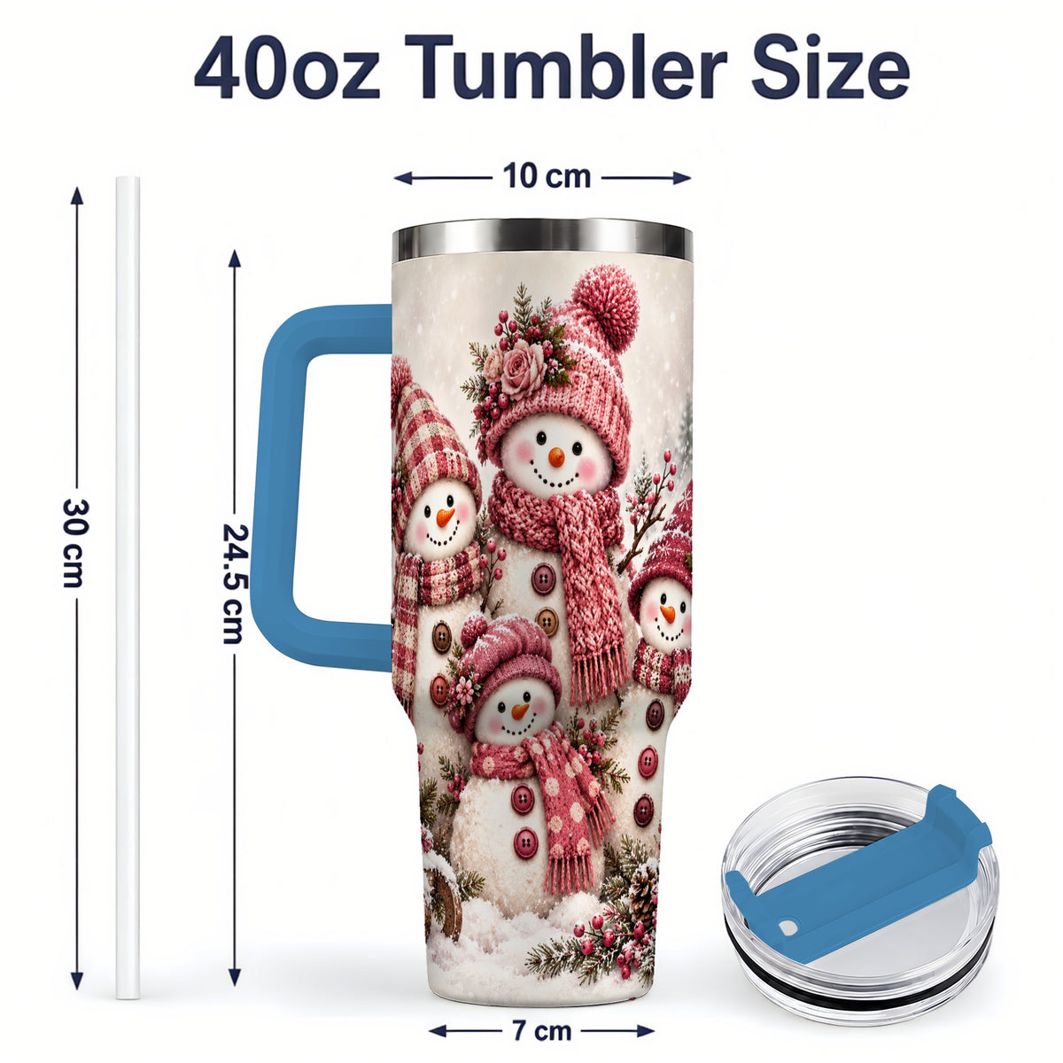 #pl[40oz|Blue] Pink Snowman Family 40oz Tumbler, Cozy Christmas Winter Scene Design
